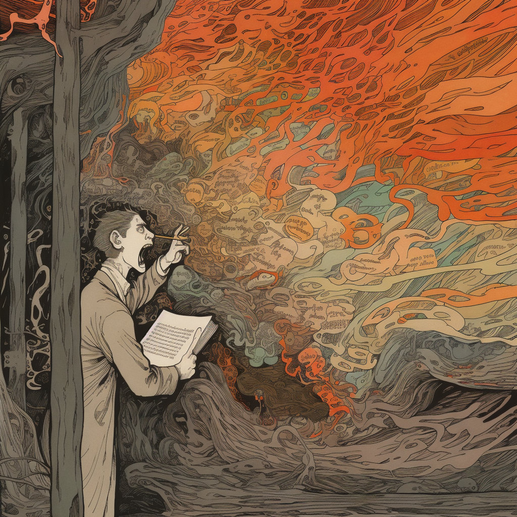 An author, standing in trees with manuscript in hand, shoiting into a roiling, smoky void.