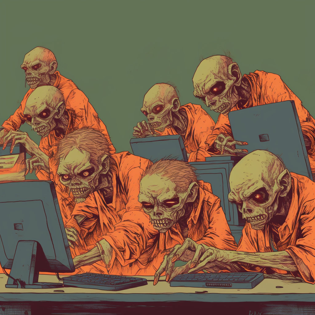 Several zombies in orange suits typing on computers.