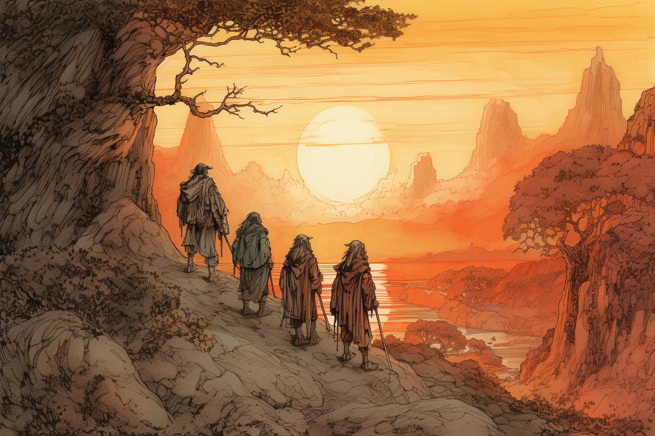 Four clocked travelers overlooking a mountains and a lake while the sunsets.