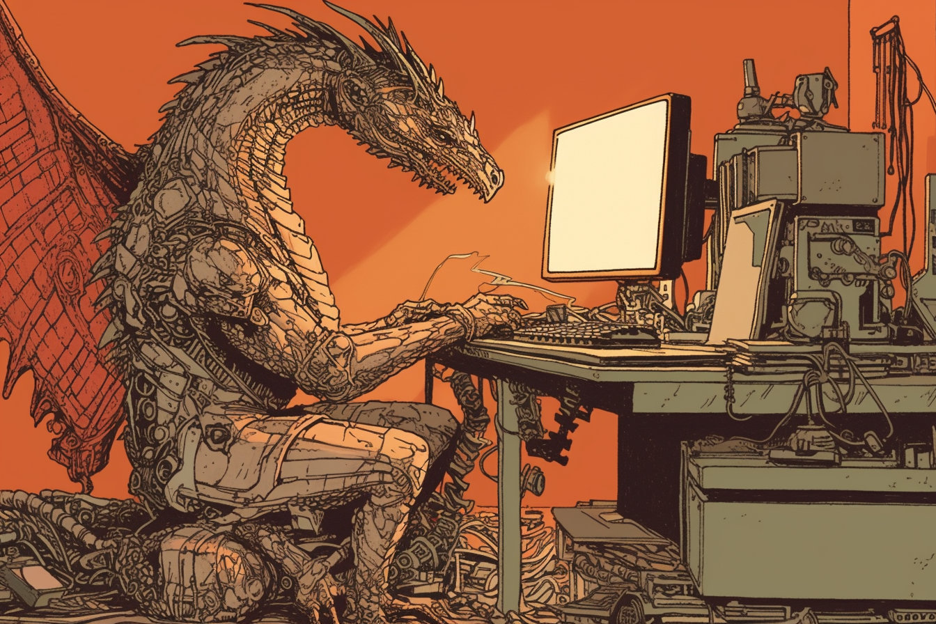 A dragon robot typing on a computer